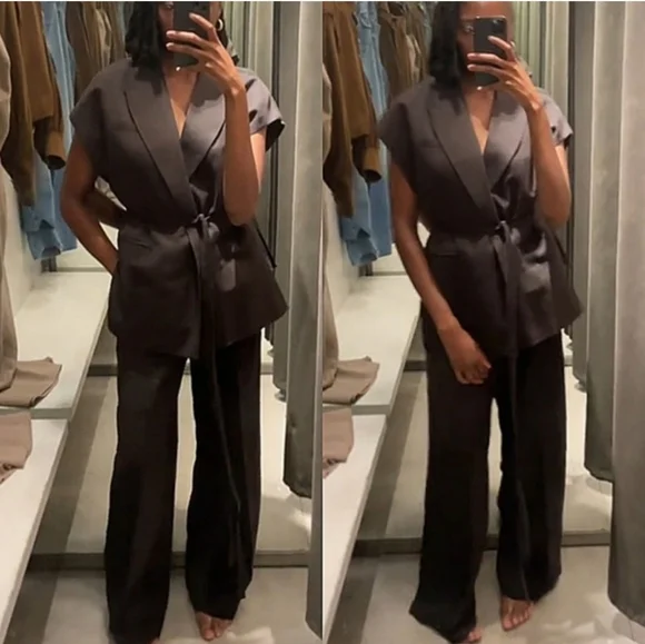 Zara Set 2 Pc Linen Blend Waistcoat Wrap Vest and Pants Brown Size S/M - Picture 3 of 15